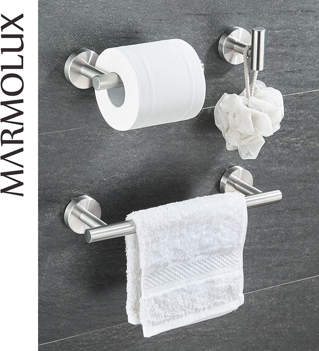 12in Hand Towel Bar, Toilet Paper Holder, Towel Hook (3pc Bathroom Hardware Set - Brushed Steel)