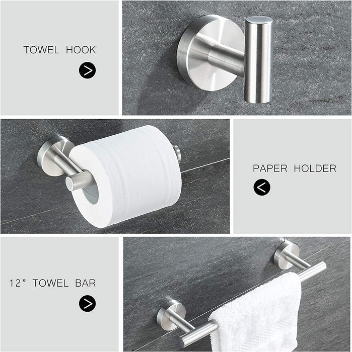12in Hand Towel Bar, Toilet Paper Holder, Towel Hook (3pc Bathroom Hardware Set - Brushed Steel)