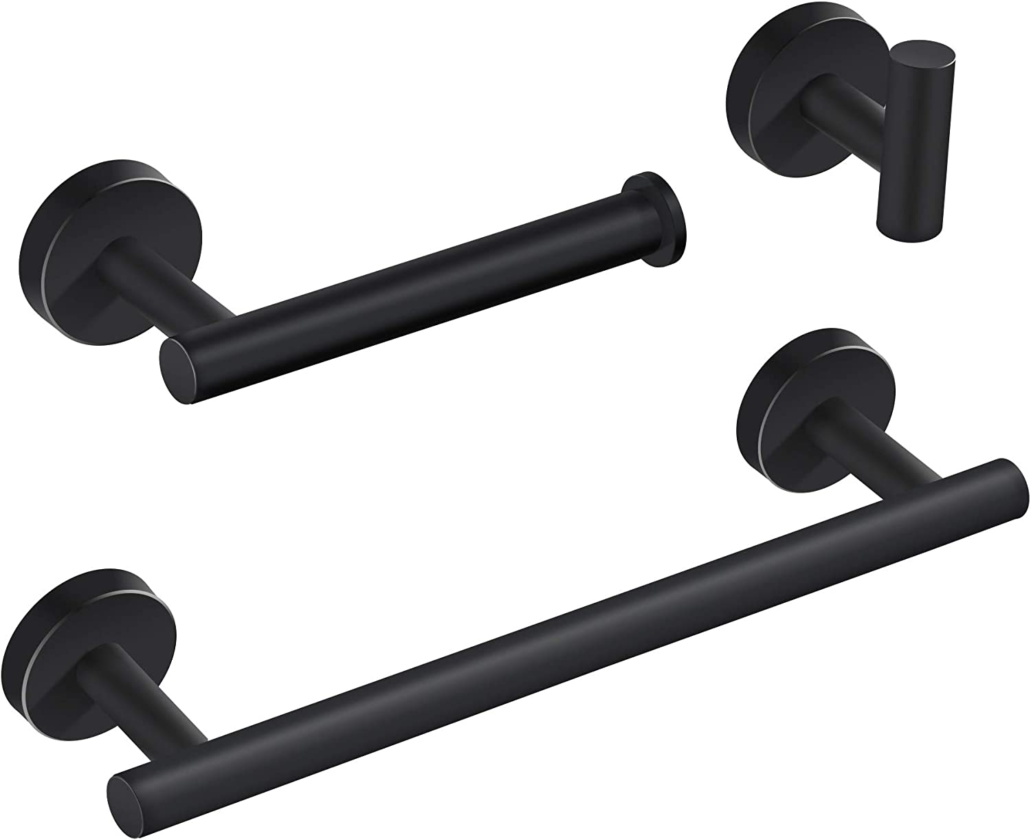 12in Hand Towel Bar, Toilet Paper Holder, Towel Hook (3pc Bathroom Hardware Set - Matte Black)