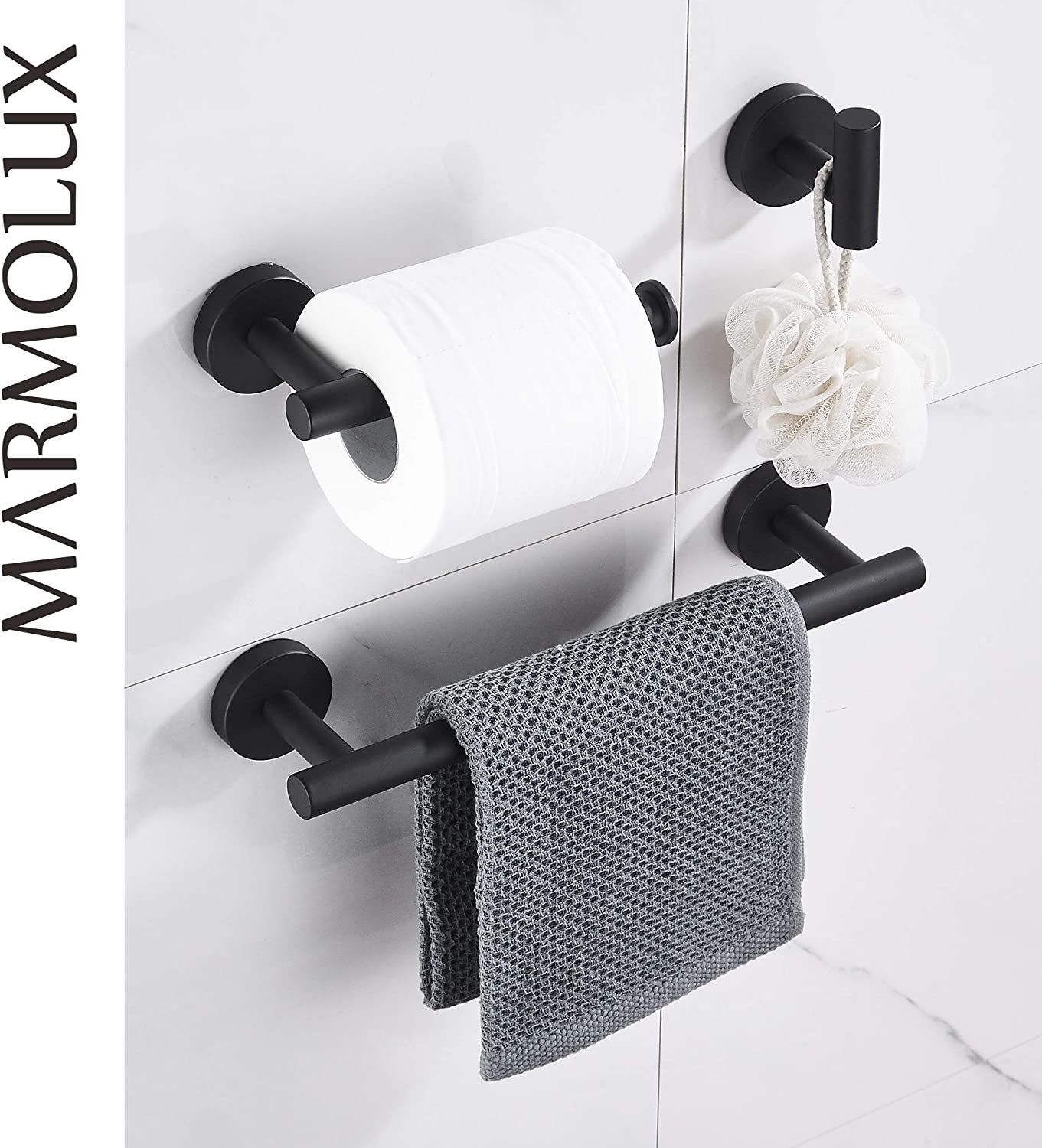 12in Hand Towel Bar, Toilet Paper Holder, Towel Hook (3pc Bathroom Hardware Set - Matte Black)