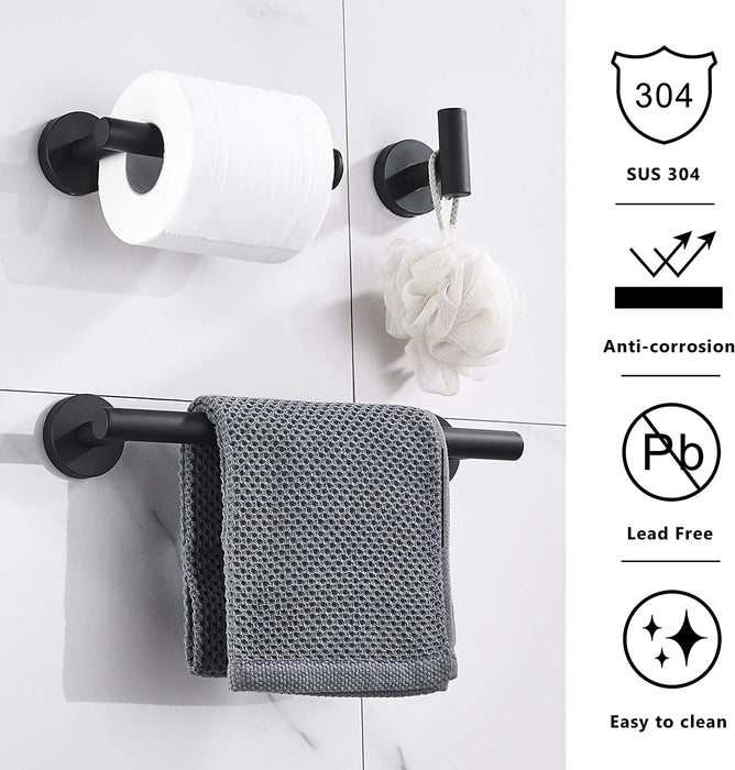 12in Hand Towel Bar, Toilet Paper Holder, Towel Hook (3pc Bathroom Hardware Set - Matte Black)