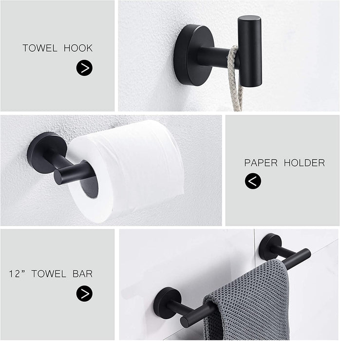 12in Hand Towel Bar, Toilet Paper Holder, Towel Hook (3pc Bathroom Hardware Set - Matte Black)