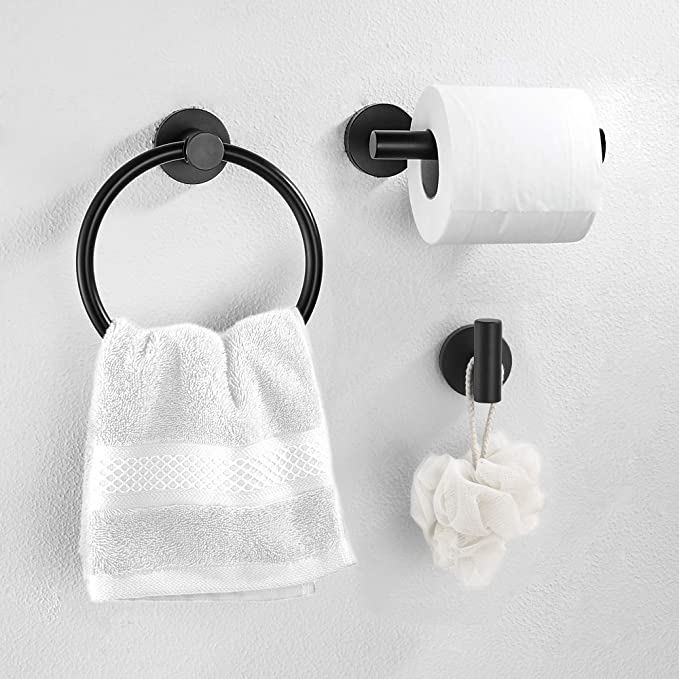 Toilet Paper Holder Towel Ring Towel Hook Set (Matte Black)