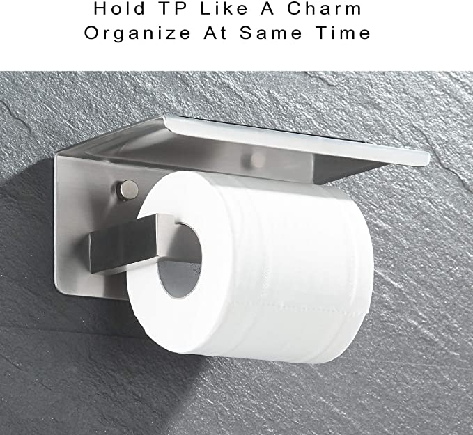 Toilet Roll Holder with Cellphone Shelf (Brushed Steel)