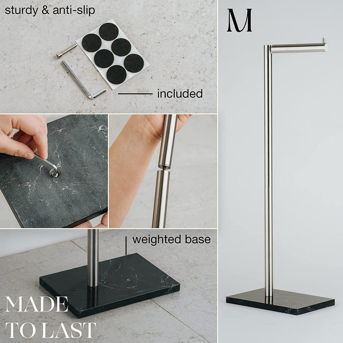 Free Standing Brushed Nickel Toilet Paper Holder Stand Black Marble Base and Storage
