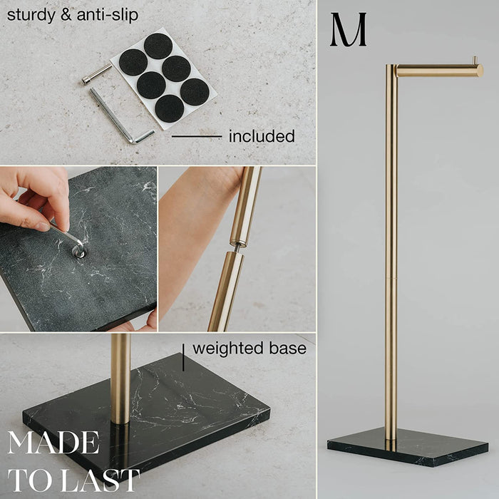 Free Standing Gold Toilet Paper Holder Stand with Black Marble Base and Storage