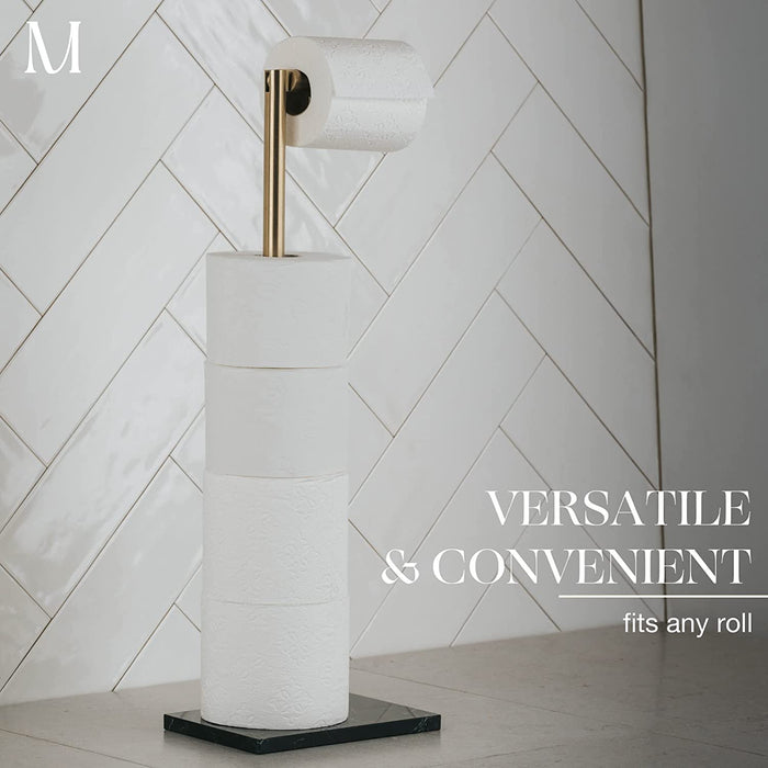 Free Standing Gold Toilet Paper Holder Stand with Black Marble Base and Storage