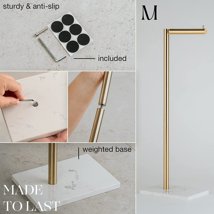 Free Standing Gold Toilet Paper Holder Stand White Marble Base and Storage