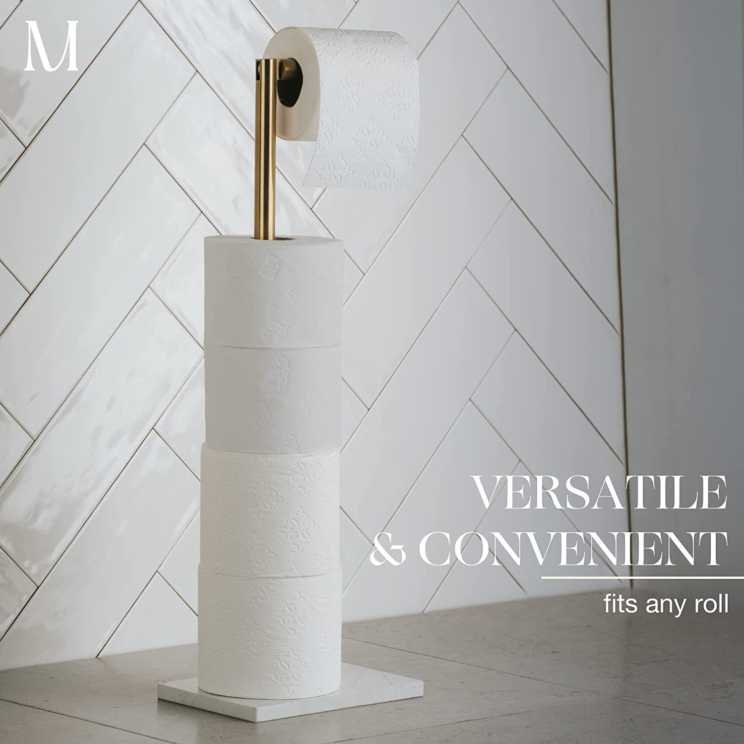 Free Standing Gold Toilet Paper Holder Stand White Marble Base and Storage