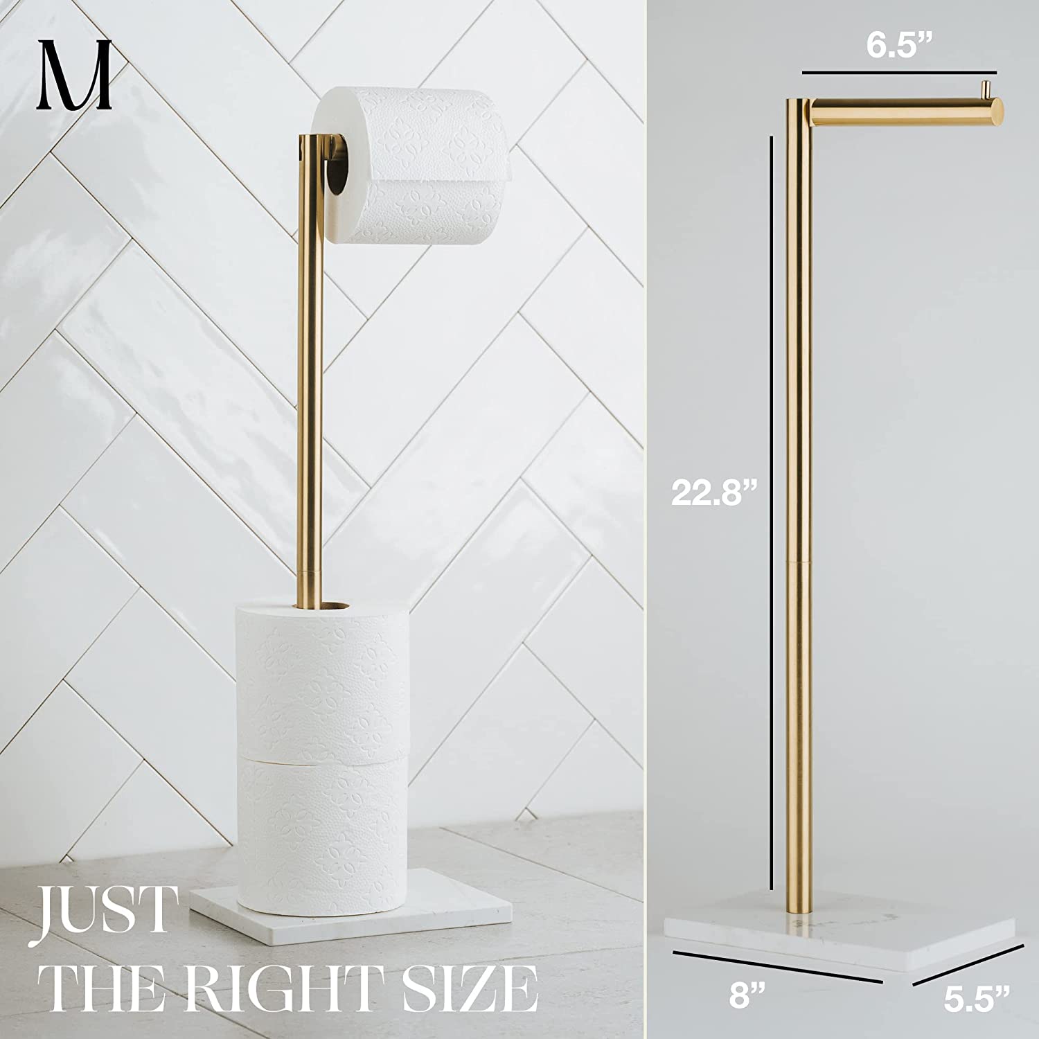 Free Standing Gold Toilet Paper Holder Stand White Marble Base and Storage