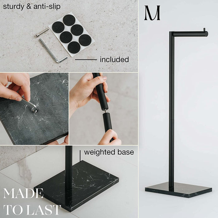 Free Standing Matte Black Toilet Paper Holder Stand Black Marble Base and Storage