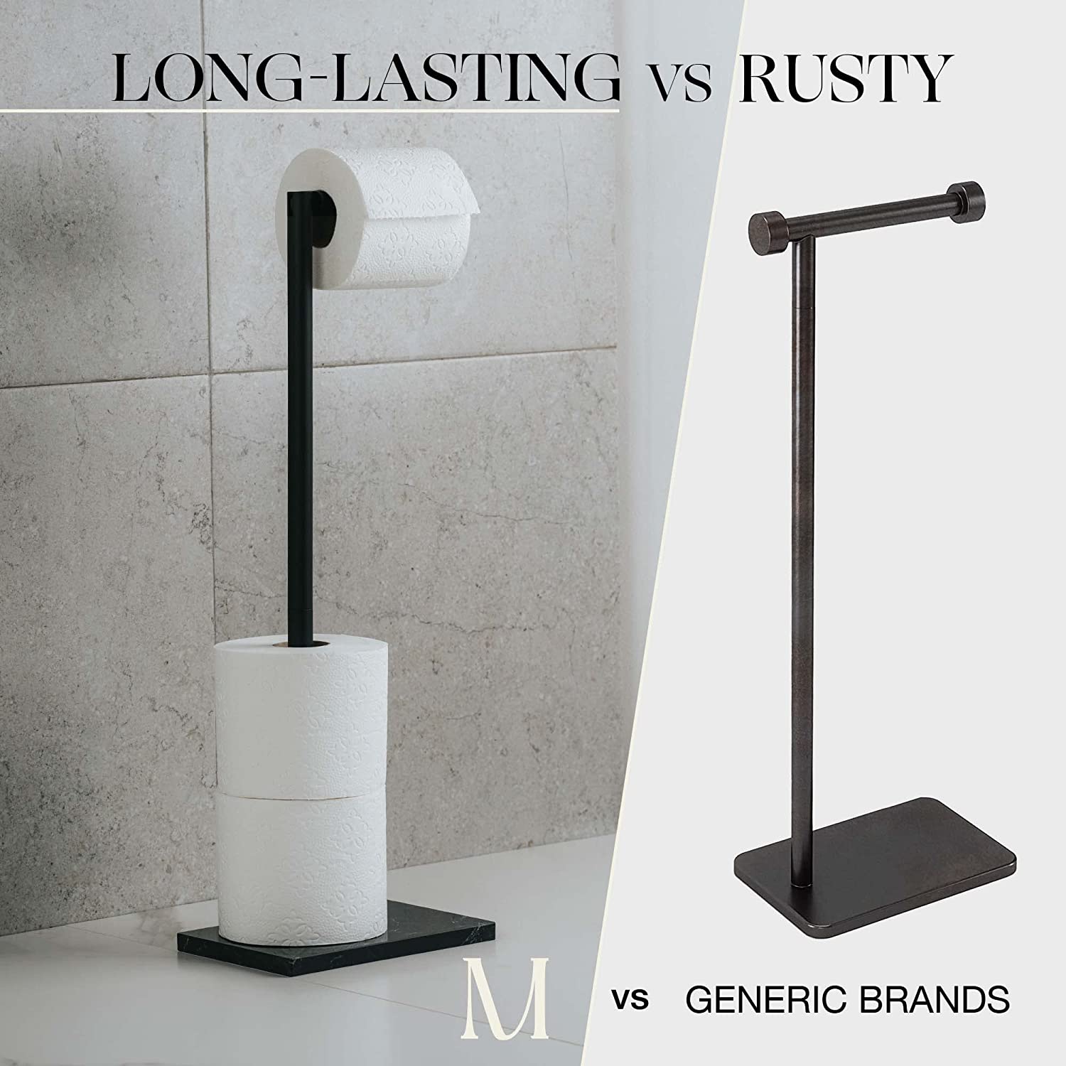 Free Standing Matte Black Toilet Paper Holder Stand Black Marble Base and Storage
