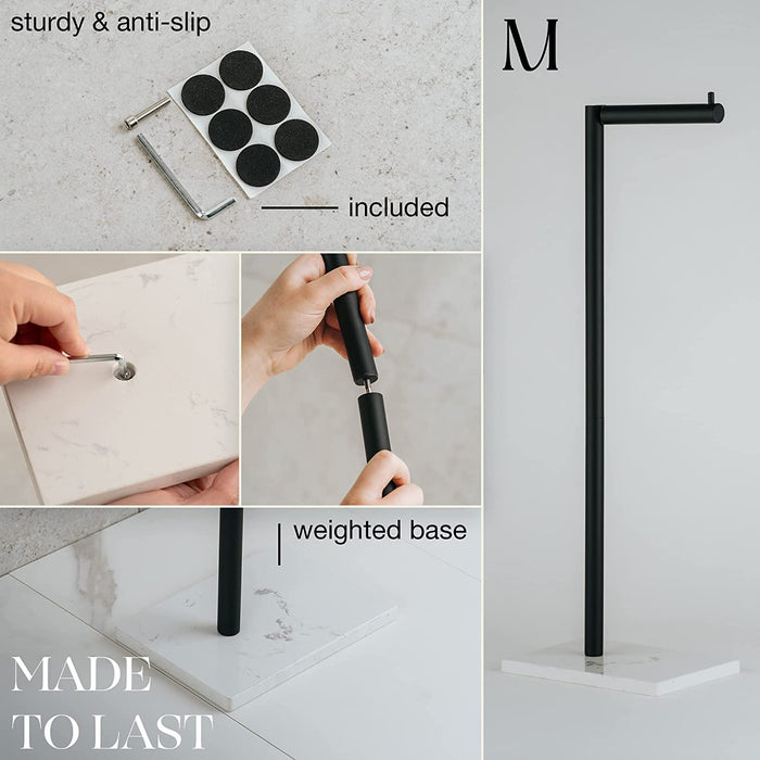 Free Standing Matte Black Toilet Paper Holder Stand White Marble Base and Storage